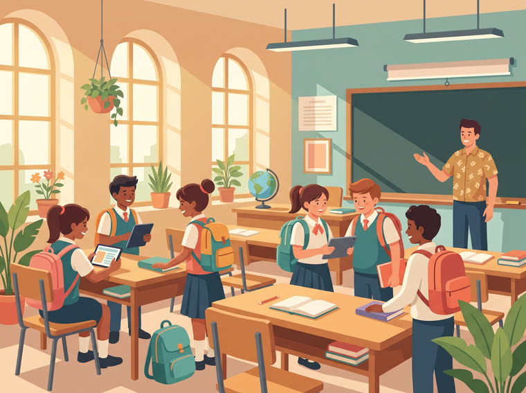 Bright classroom with students learning